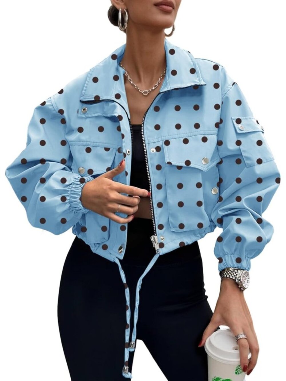 Women Blue 100% Polyester Polka Dots Cropped Zip Up Utility Anorak Bomber Jacket